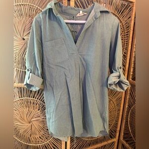 Light Blue Jean like material Button-Front Tunic Shirt